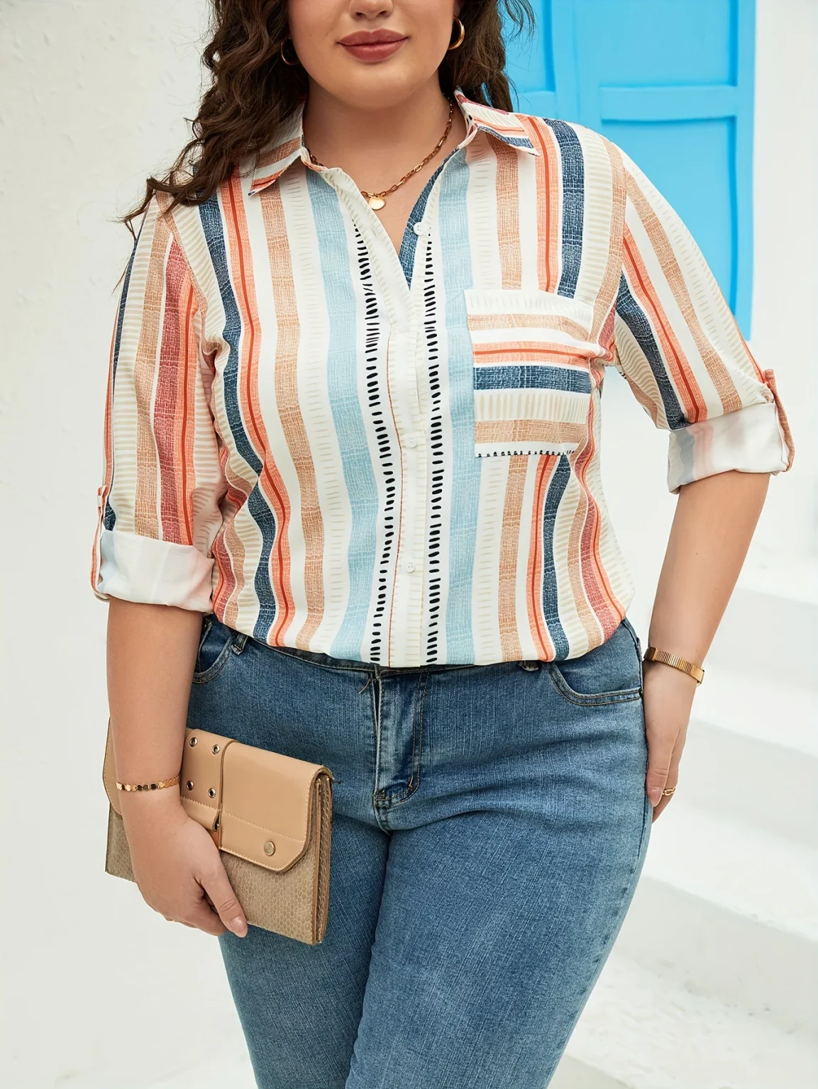 Plus Size Floral Print Notch Neck Blouse, Casual 3/4 Sleeve Blouse For Spring & Summer, Women's Plus Size Clothing 5