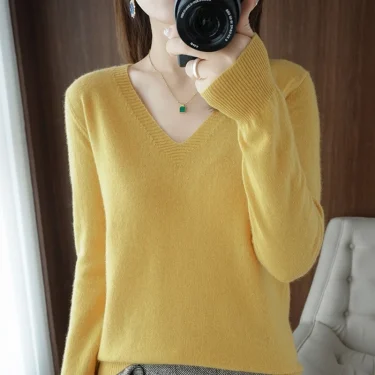 Autumn And Winter Cashmere Sweater New Women's V-neck Pullover Lace Neck Hollow Out Design Casual Knitted Long Sleeve Women's 3