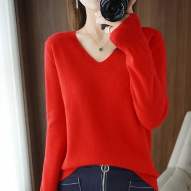 Autumn And Winter Cashmere Sweater New Women's V-neck Pullover Lace Neck Hollow Out Design Casual Knitted Long Sleeve Women's 4