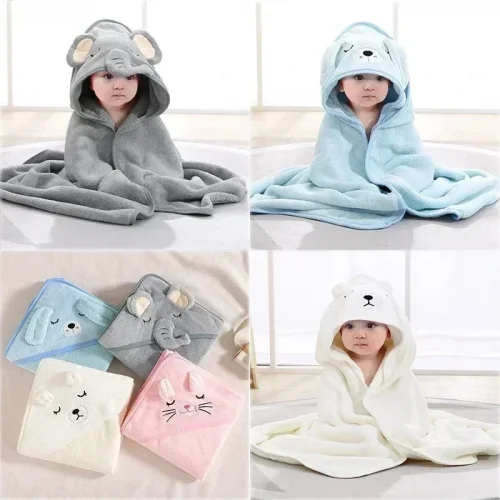 Cartoon Animal Baby Bath Towel Newborn Girl Boy Wrap Blanket Absorbent Baby Bathrobe Hooded Coral Fleece Bath Towels 0-12 Months 1