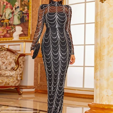 Missord Wave Sequin Party Dresses Elegant Women High Neck Long Sleeves See Though Bodycon Evening Prom Dress With Line Long Gown 4