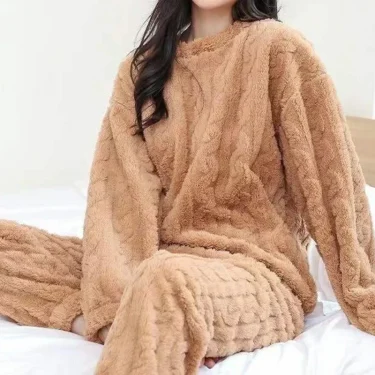 Women Warm 2 Piece Sets Thicken Velvet Ribbed Fleece Set Pullover and Pants Casual Pajama Sets Women Autumn Winter 3