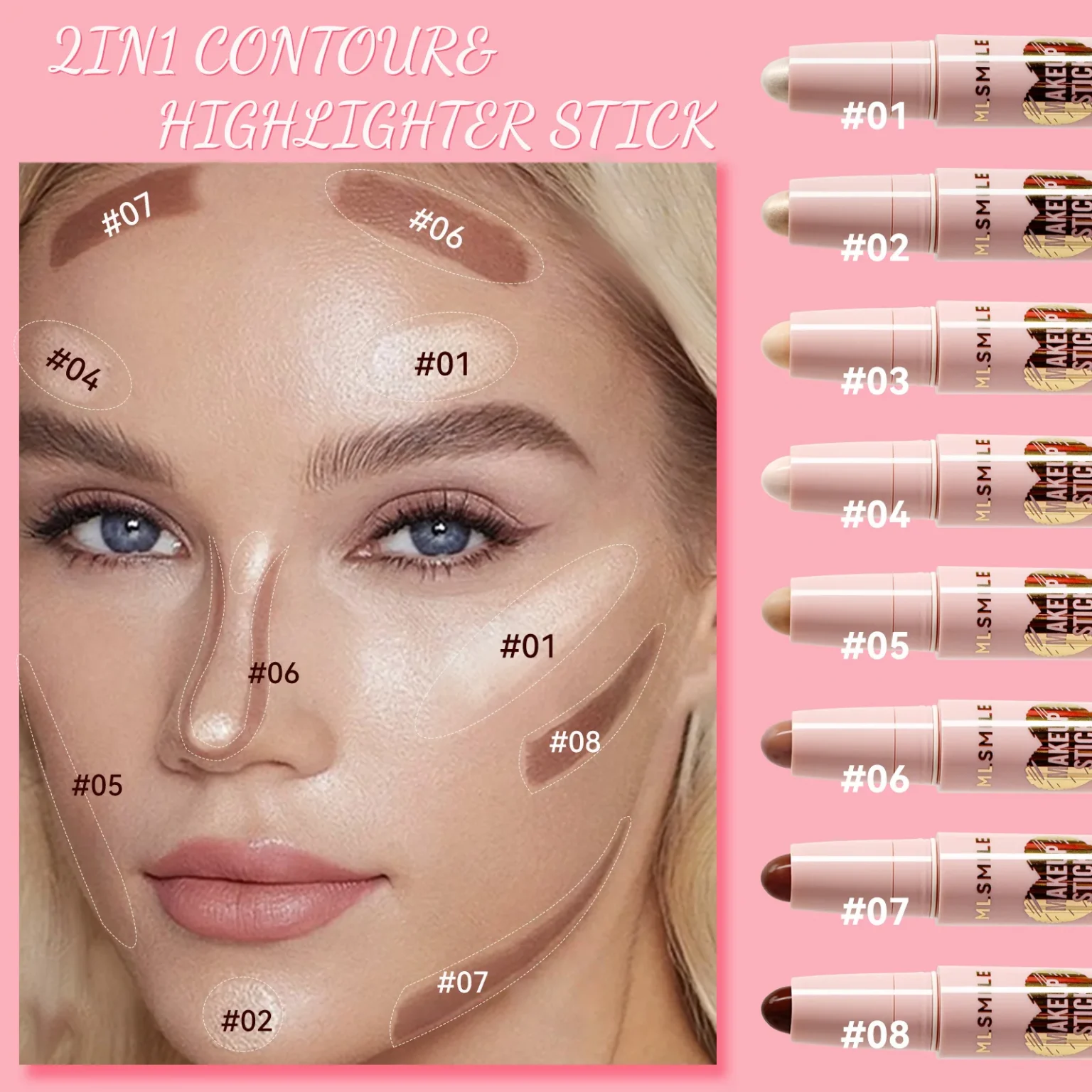 MLSMILE 8 Color High Gloss Pearl Contouring Stick Face Brightening Sleeper Silkworm Pen three-dimensional Face contour Shadow 3