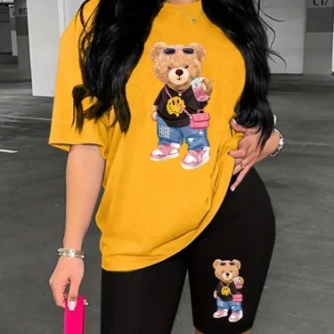 Summer women's Bear cartoon print casual loose round neck short sleeved T-shirt shorts two-piece set 6