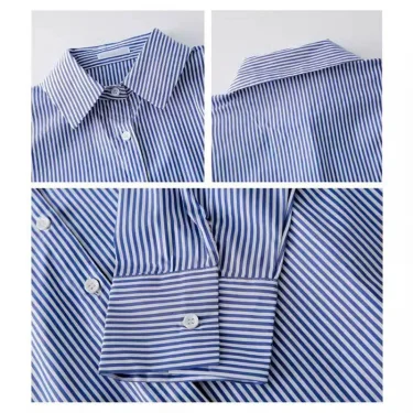 Classic Striped Woman Spring Autumn Blouses Shirt Lady Long Lantern Sleeve Stand Collar Loose Blusas Tops 6
