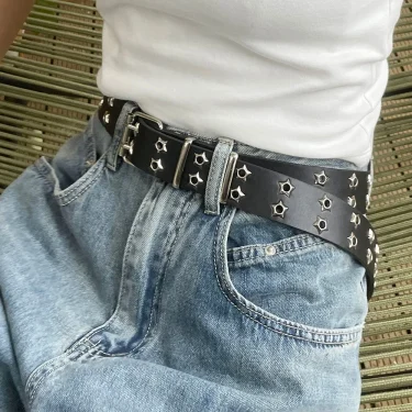 Y2K Punk Rivet Leather Belts Women Men Star PU Black White Waist Strap Double Row Hollow Trendy Waistband Jeans Skirt Decoration 2