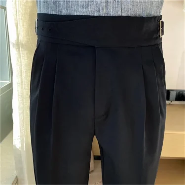 British Style Men High Waist Casual Dress Pant Men Belt Design Slim Trousers Formal Office Social Wedding Party Dress Suit Pants 6