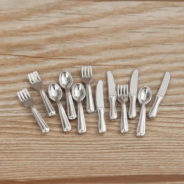 12PCS Miniature Metal Cookware Fork Knife Spoon Toys Dollhouse Furniture Gold Silver 1:12 Scale Simulation Mini Cutlery 1