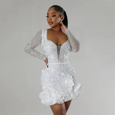 New Women Mesh Sleeve Bodycon Sexy Diamonds Birthday Party Dress Tierred Ruffles Rhinestone Pearls Night Club Dress Pink 3