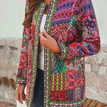 Autumn Winter Fashion Colorful Boho Floral Print Open Front Cardigan Casual Loose Long Sleeve Lightweight Jacket With Pockets 6