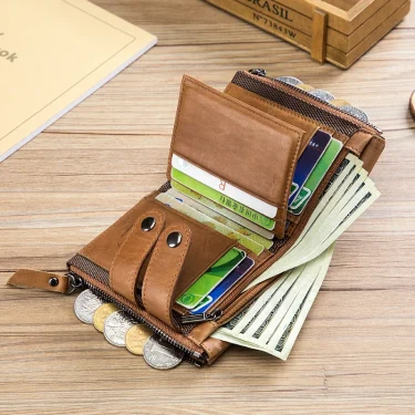 Quality Genuine Leather men Wallet Brand zipper Man Purse Vintage cow leather Male card Coin Bag with iron chain 6