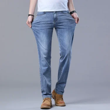 Spring Men's Light Blue Slim Jeans Stylish Casual Stretch Fabric Denim Pants Classic Trousers Smoke Gray 3