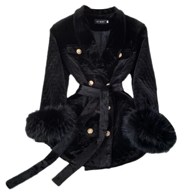 XFPV Women Velvet Feather Lace-up Korean Version Double Breasted Blazer Lapel Long Sleeve Warm Coat Autumn Winter SM9917 6