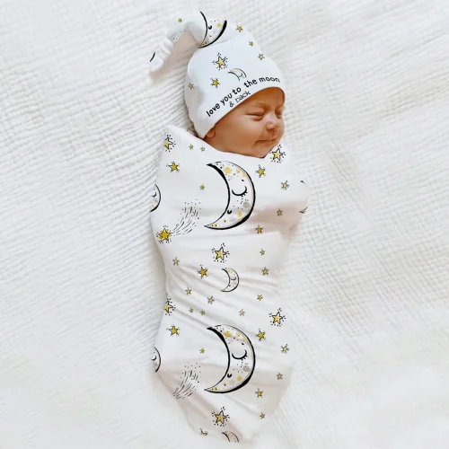 Ylsteed 80*80cm Newborn Photography Wrap with Sleepy Hat Moon Star Newborn Girl Boy Photo Shooting Outfit Infant Picture Props 1