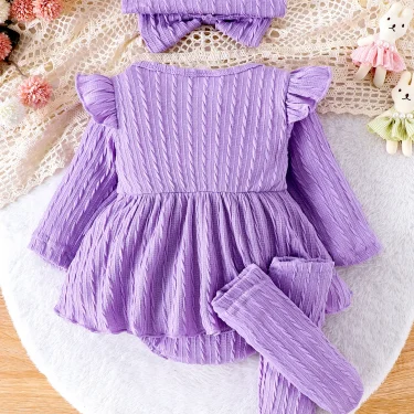 3PCS In Autumn, Newborn Girls Aged 0-1 Years Old Are Comfortable, Sweet And Cute Little Twist One-Piece Dress + Head Socks 2