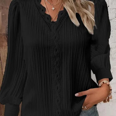 Women's Lace Stitching Shirt Loose Stitching V-neck Long Sleeve Pullover Chiffon Shirt Fall Top Simple Elegant Street Blouse 3