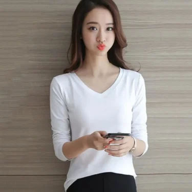 Women T-Shirt Crew/V Neck Slim Fit Pullover Long Sleeve Stretchy Keep Warm Solid Color Women Autumn Basic Tee Tops Daily Clothin 1