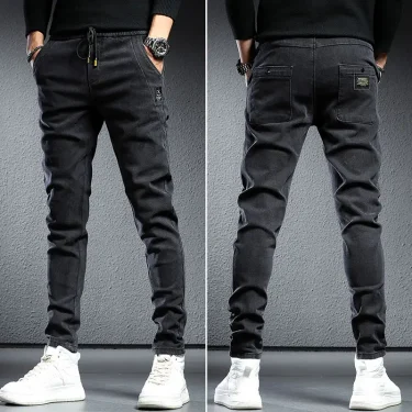 Autumn & winter elastic waist thicken fleece jeans for men Slim fit small feet Korean fashion casual pants for men Long pants 6