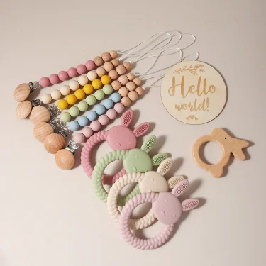 New born baby gift set silicone bunny teether wooden bunny rattle Photography props 2