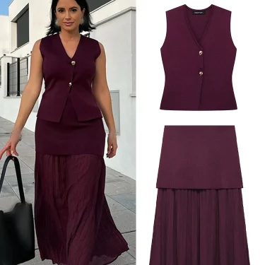 Women 2 Piece Set V-Neck Sleeveless Button Knitted Vest Top+Elegant Splicing High Waist Zipper Long Skirts Holiday Suits 3