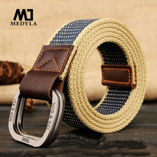 MEDYLA Belts For Men Double buckle Striped Adult Casual Men Knitted Belt Man Canvas Lengthen Strap 1