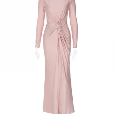Elegant High Waist Folds Long Maxi Pink Dresses for Women 2024 Fall O-neck Long Sleeve Tunics Slim Solid Party Evening Dress 5