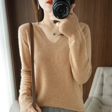 Women's Sweater Autumn Winter Knitted Pullovers V-neck Slim Fit Bottoming Shirt Solid Soft Knitwear Jumpers Basic Sweaters 3