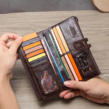 Genuine Leather Long Wallets for Men Vintage Card Holder Coin Purses Money Clips Phone Pocket Male Name Engrave Wallet 6