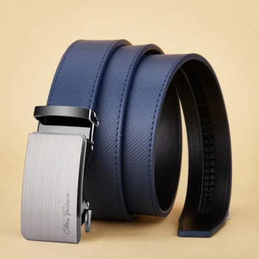 OYIFAN Men's Belt Blue Striped Belt Fashion Jeans Belt Genuine Leather Belt Automatic Buckle Belts 6