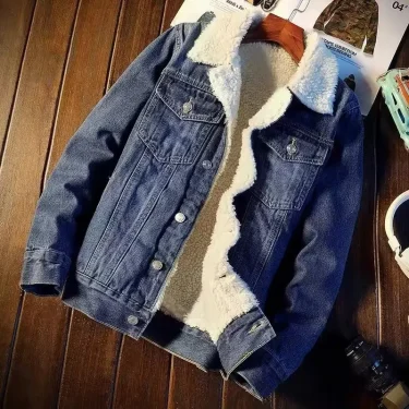 Winter Vintage Fleece-lined Denim Jacket Men's Wear Trendy Cotton-padded Coat Casual Scene Other Material 2