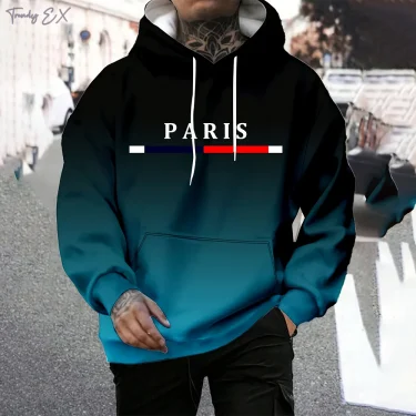 Hooded Sweatshirt Man Fashion Gradient Paris Print Polyester Casual Top Pullover with Slight Stretch Fall Winter Clothes for Men 1