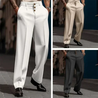 Men Suit Pants Elegant Men's Business Suit Pants with Straight Loose Fit Soft Pockets Button Closure Mid Waist Formal for Office 5
