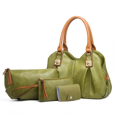 TRAVEASY Retro 4 Pcs Set Women's Bag Ruched Design Hard PU Leather Ladies Handbag Shoulder Bag Purse and Card Bag Set 5