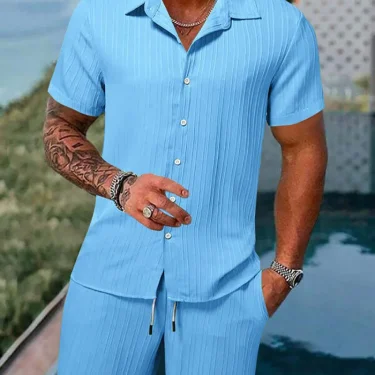 Spring And Summer New Sports Men's Polo Casual Solid Color Loose Short-sleeved Drawstring Shorts Cardigan Striped Sports Suit 2