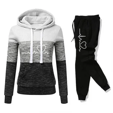 Women Tracksuit Printing Hooded Sweatshirt Sweatpant Color Block Versatile Casual Jogging Pullovers Sport Trousers Outfits S-3XL 2