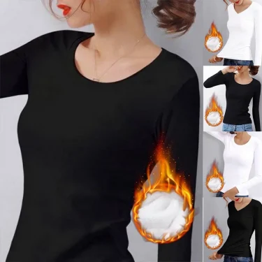 O Neck Long Sleeve Shirt Women Bottoming Cropped Tops Black Casual Slim Basic Velvet Heating Fiber Thermal T-Shirts 2