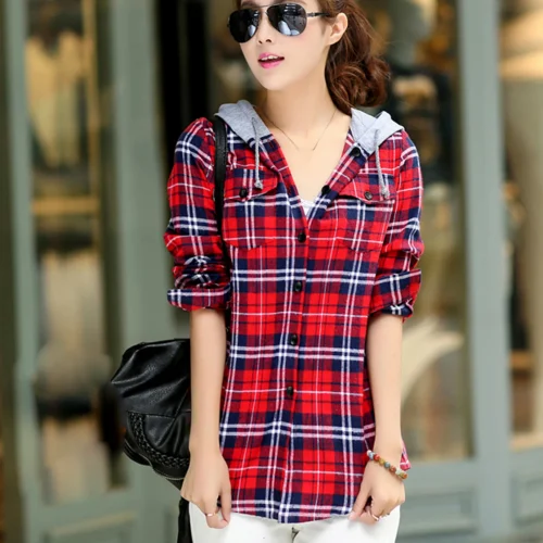 Women Shirt Fashion Loose Long Sleeve Cardigan Coat Classic Plaid Hood Button-up Cotton Shirt Coat Women's Clothing 2