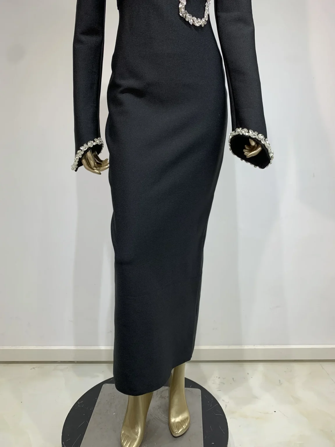 Autumen New Party Dress for Women Black Long Sleeve Half High Collar Crystal Bodycon Ankle Length Celebrity Evening Dress 6