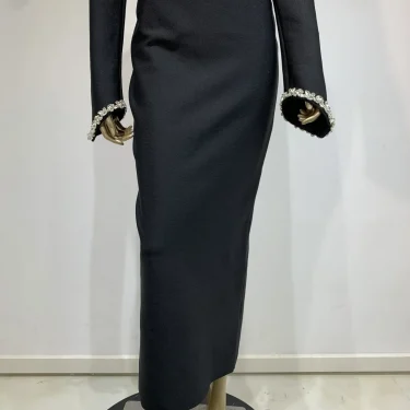 Autumen New Party Dress for Women Black Long Sleeve Half High Collar Crystal Bodycon Ankle Length Celebrity Evening Dress 6