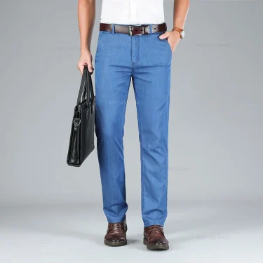Summer Ultra-thin Men's Lyocell Jeans Classic High-waist Business Straight Drape No-iron Denim Trousers Brand Male Pants 2