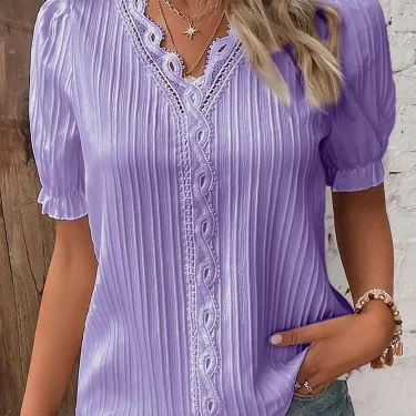 Women's Summer New Top Solid Sexy V-Neck Hollow Short Sleeve Shirt Fashion Splice Plus Size Blouse Loose Street Apparel 4