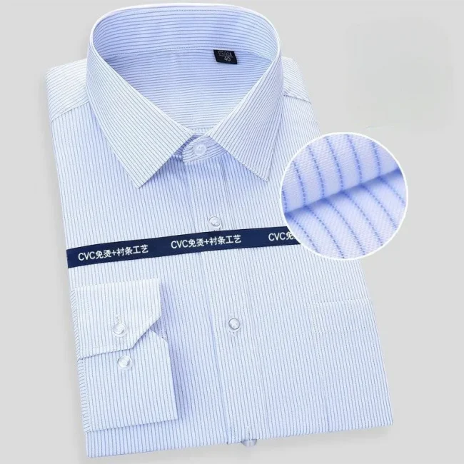High Quality Cotton Men Dress Long Sleeve Shirt New Solid Male Plus Size Regular Fit Stripe Business Shirt White Blue 5