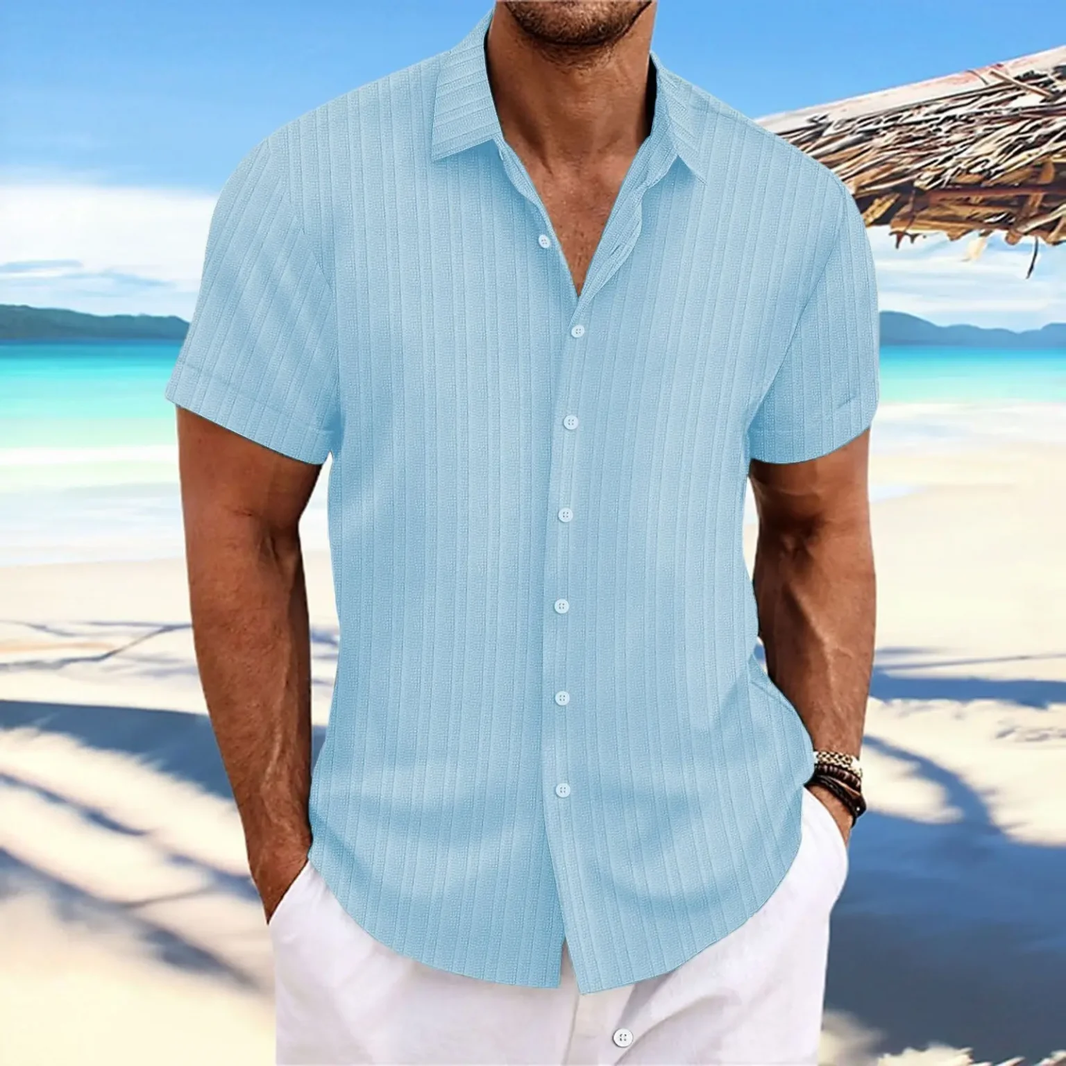 Men's striped jacquard lapel casual fashion comfortable loose short sleeve Hawaiian multicolor shirt 2