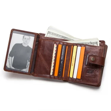 CONTACT'S Genuine Leather RFID Vintage Wallet Men With Coin Pocket Short Wallets Small Zipper Wallet With Card Holders Man Purse 2