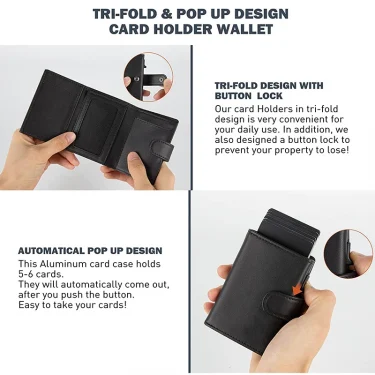 Card Holder Wallet Slim Minimalist Pop Up Leather Men Wallets RFID Blocking Metal Bank Card Case with Coins Pocket 2
