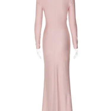 Elegant High Waist Folds Long Maxi Pink Dresses for Women 2024 Fall O-neck Long Sleeve Tunics Slim Solid Party Evening Dress 6
