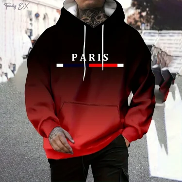 Hooded Sweatshirt Man Fashion Gradient Paris Print Polyester Casual Top Pullover with Slight Stretch Fall Winter Clothes for Men 2