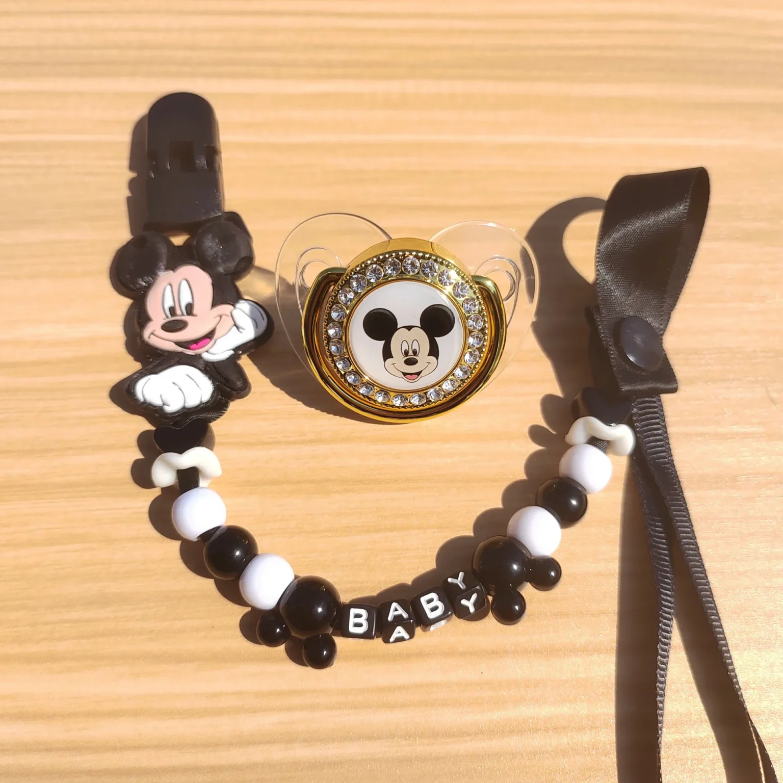 Black Mickey Mouse Printed pacifier Baby Diamond Pacifier Food Grade Baby Thumb shaped pacifier Personalized bead pacifier clip 6