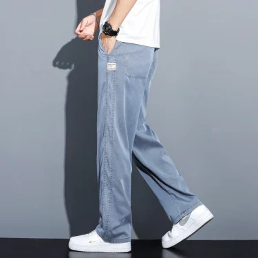 Summer Thin Soft Lyocell Fabric Jeans Men Loose Straight Wide Leg Pants Drawstring Elastic Waist Casual Trousers Plus Size M-5XL 3