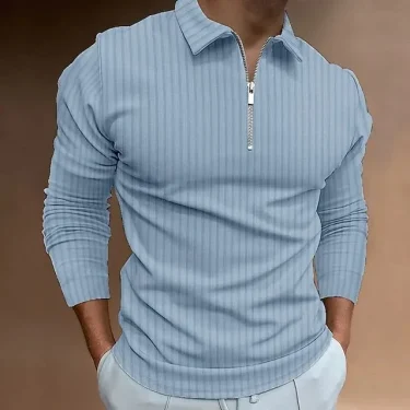 Fashion Solid Color Vertical Print Men's Long Sleeve Zipper Polo Shirt Autumn Man's Classic Casual Business Oversized Polo Shirt 3